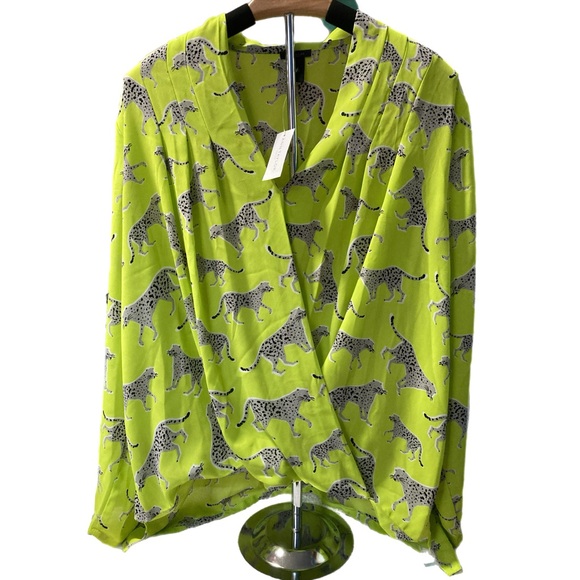 Ann Taylor Tops - Ann Taylor Neon Green Cheetah Print Wrap Blouse